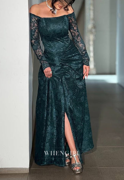 Dark Green Embroidery Lace Side Slit Long Sleeves Pleated Sheath Formal Evening Dress