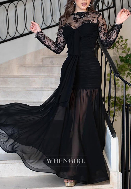 Black Embroidery Lace Long Sleeves Illusion Neck Sheath Formal Evening Dress