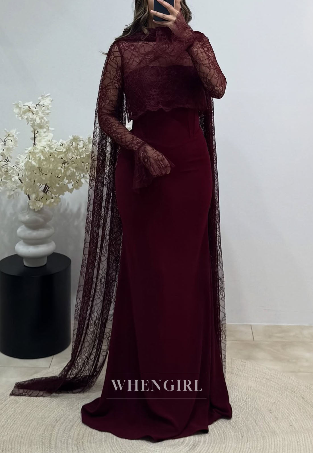 Mermaid Bell Sleeves Bateau Neck Evening Formal Dress with Scarf