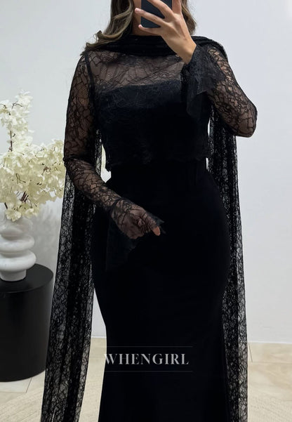 Mermaid Bell Sleeves Bateau Neck Evening Formal Dress with Scarf