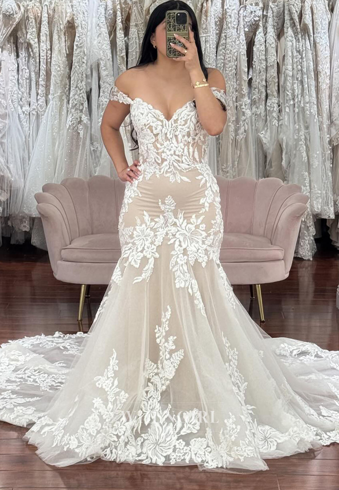 Mermaid Off Shoulder Appliqued Lace Court Train Wedding Dress