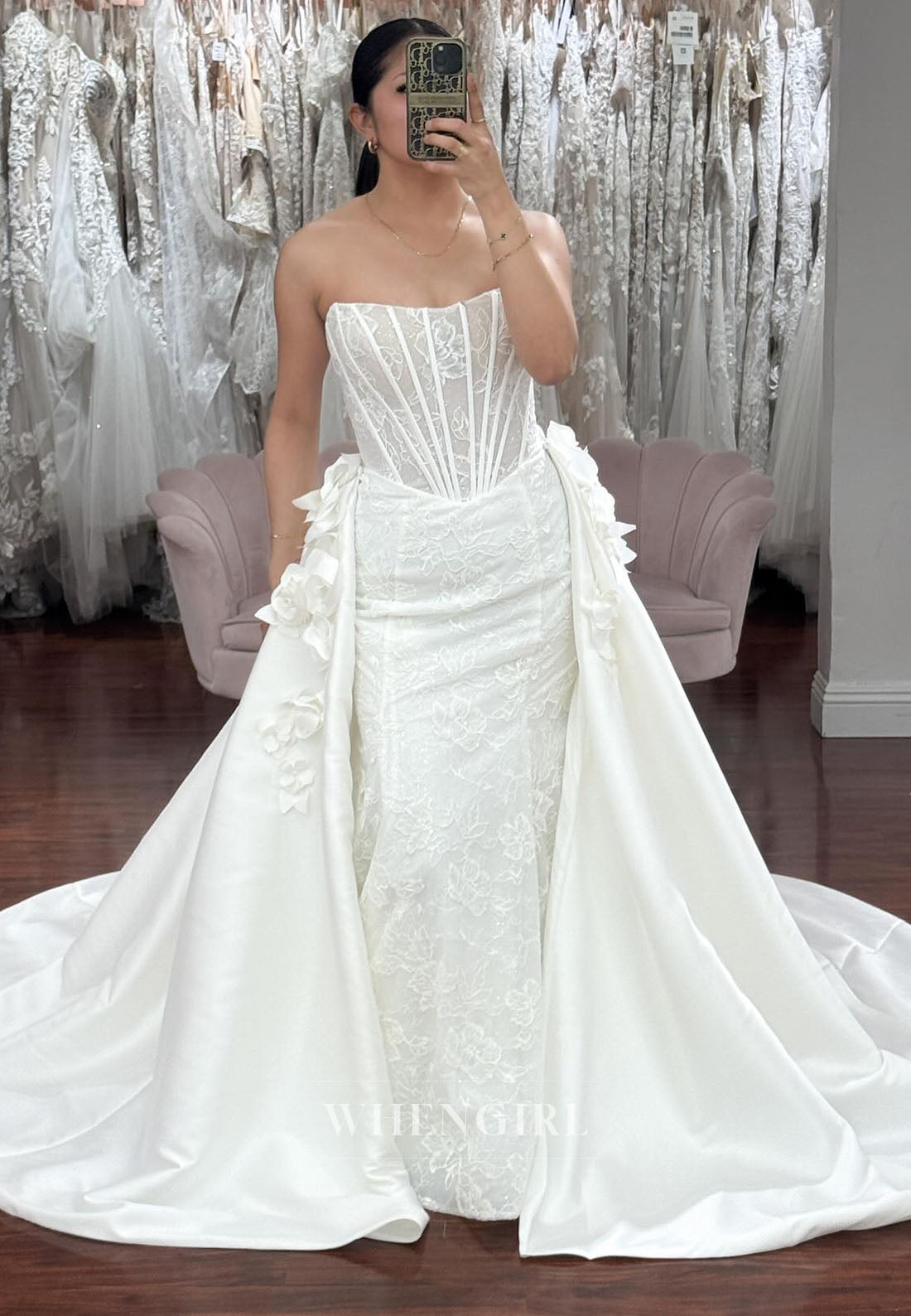 Strapless Sheath Lace Sleeveless Wedding Dress with Detachable Train