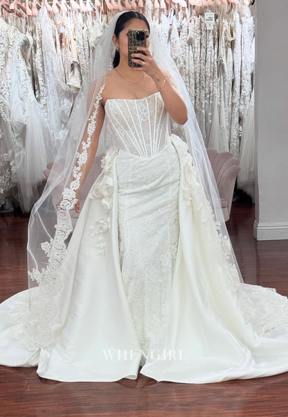 Strapless Sheath Lace Sleeveless Wedding Dress with Detachable Train
