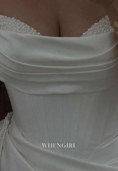 Sheath Pearls Beading Sleeveless Ruched Wedding Dress with Court Train
