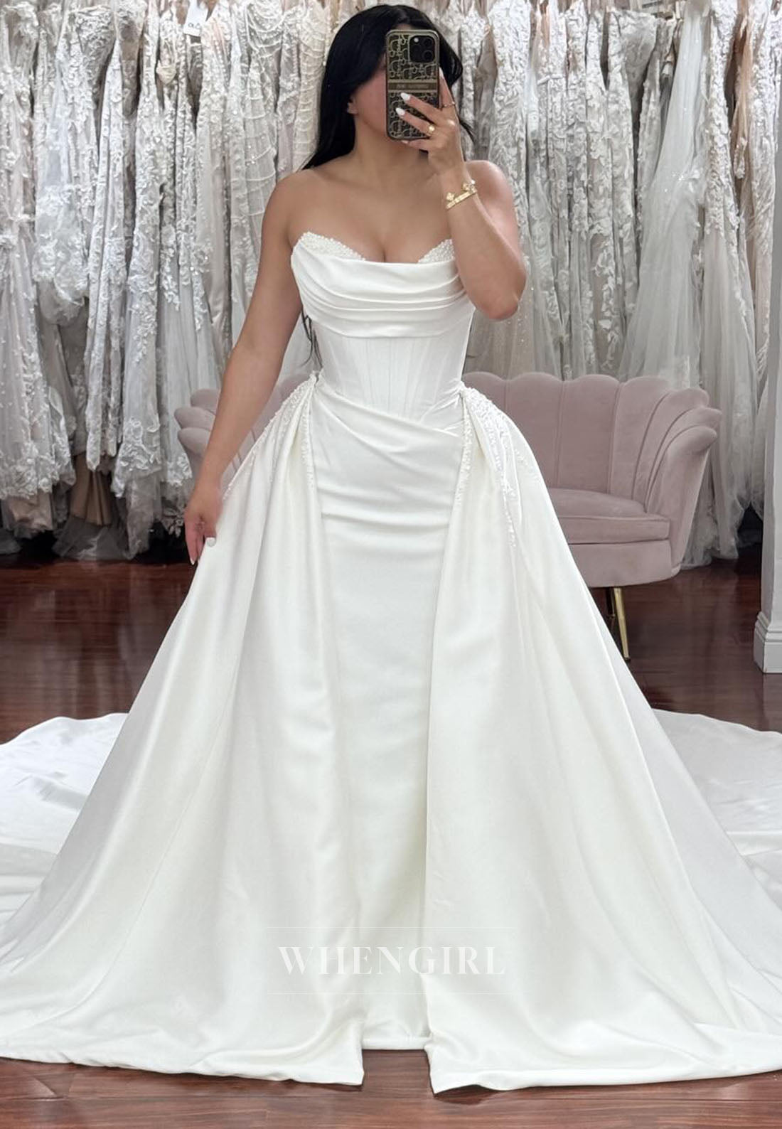 Sheath Pearls Beading Sleeveless Ruched Wedding Dress with Court Train