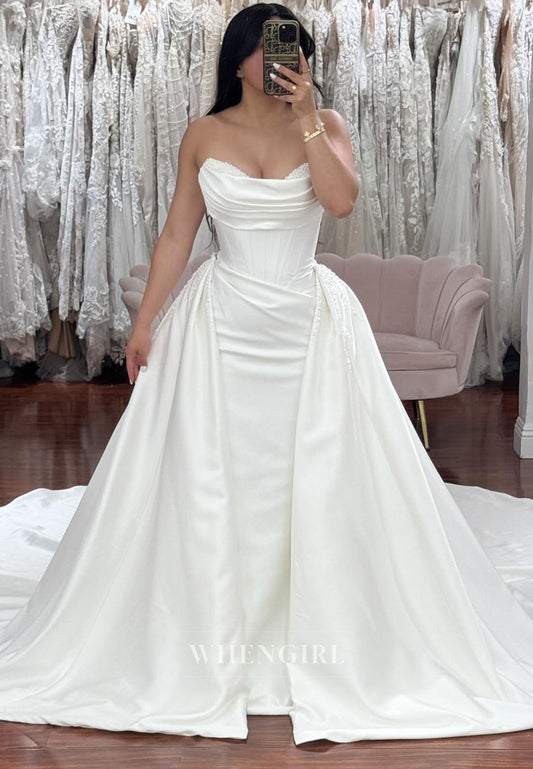 Sheath Pearls Beading Sleeveless Ruched Wedding Dress with Court Train