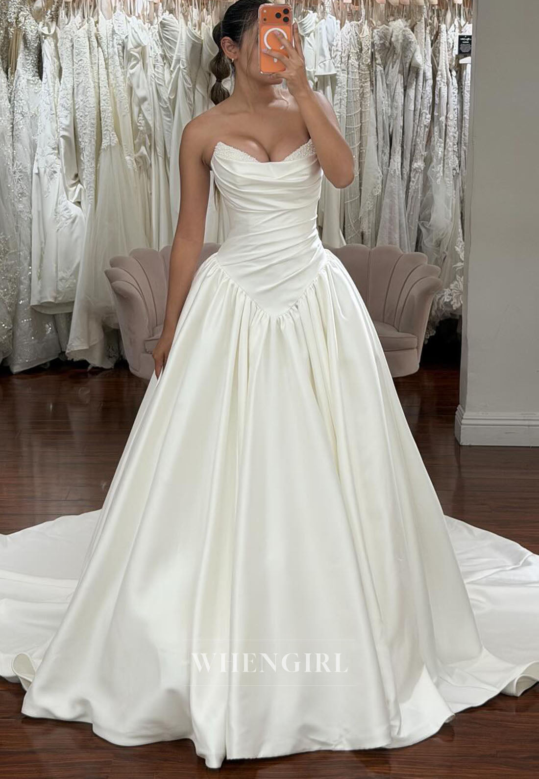 Satin Strapless Pearls Beading Ruched A-Line Wedding Dress