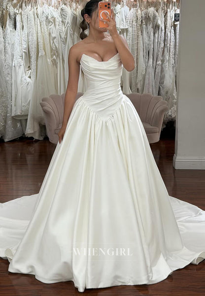 Satin Strapless Pearls Beading Ruched A-Line Wedding Dress