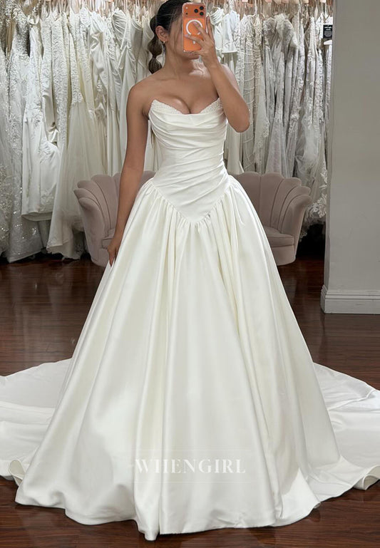 Satin Strapless Pearls Beading Ruched A-Line Wedding Dress