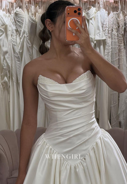 Satin Strapless Pearls Beading Ruched A-Line Wedding Dress