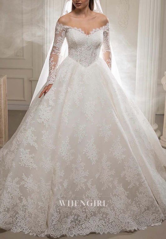 Off Shoulder Long Sleeves A-Line Appliqued Lace Long Wedding Dress