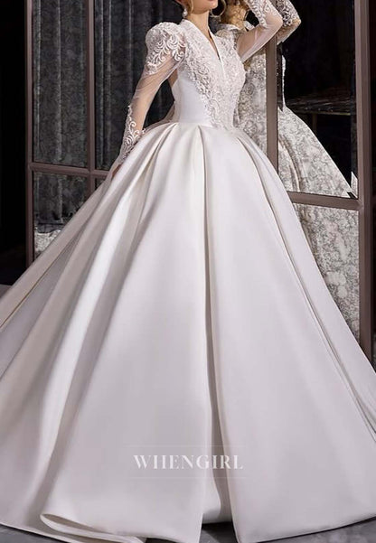 V Neck Long Sleeves V Neck Pearls Beading A-Line Bowknot Court Train Wedding Dress