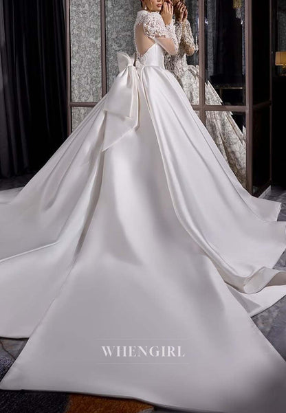 V Neck Long Sleeves V Neck Pearls Beading A-Line Bowknot Court Train Wedding Dress