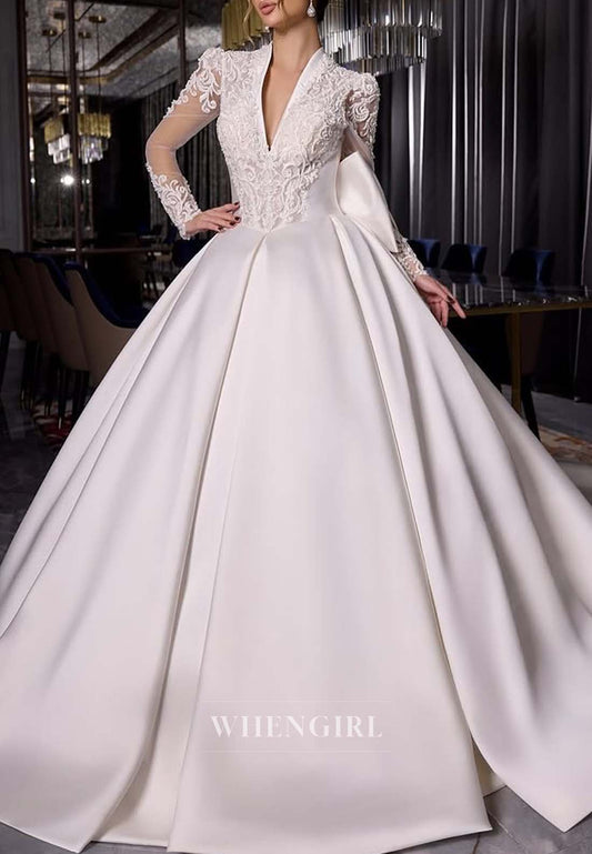 V Neck Long Sleeves V Neck Pearls Beading A-Line Bowknot Court Train Wedding Dress