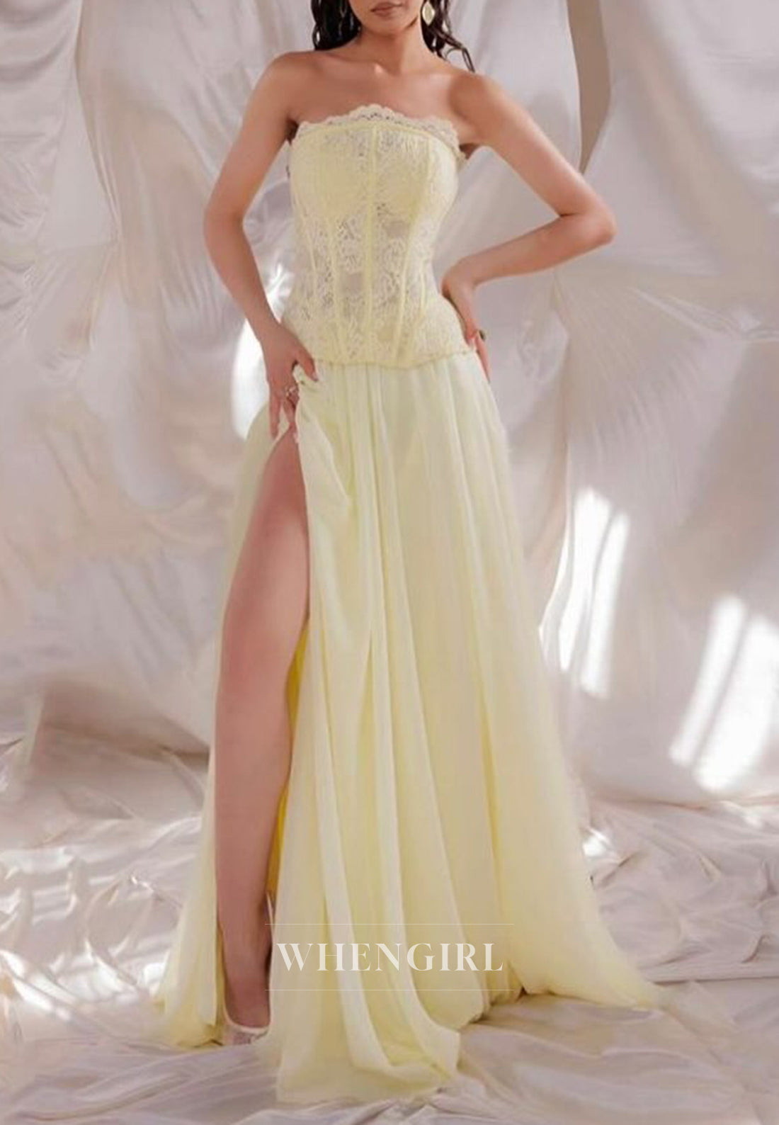 Yellow Tube Top Sleeveless Side Slit Lace Top Sheath Prom Dress