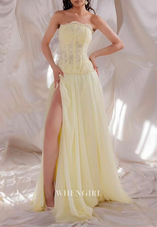 Yellow Tube Top Sleeveless Side Slit Lace Top Sheath Prom Dress