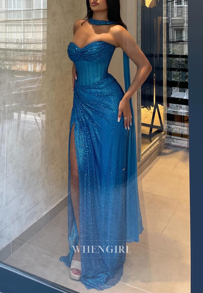 Royal Blue Sweetheart Pleated Side Slit Sheath Prom Dress with Scarf