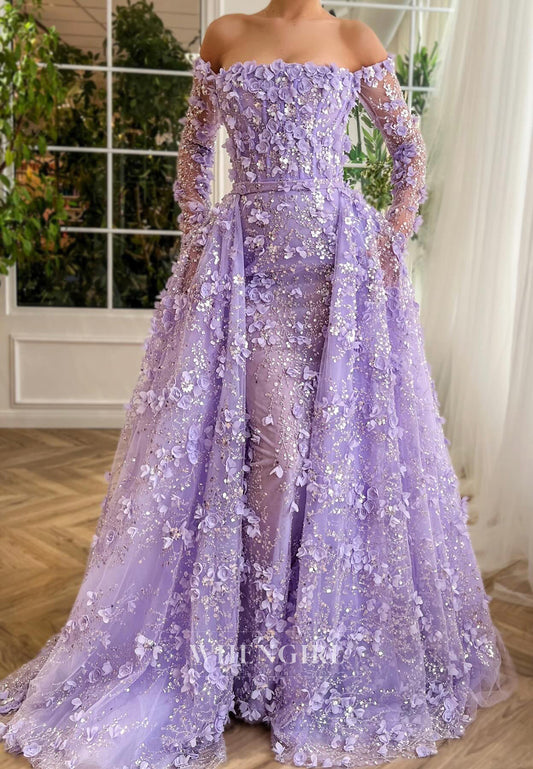 Long Sleeves Sheath Sweep Train Formal Dress Off Shoudler Floral Evening Gown