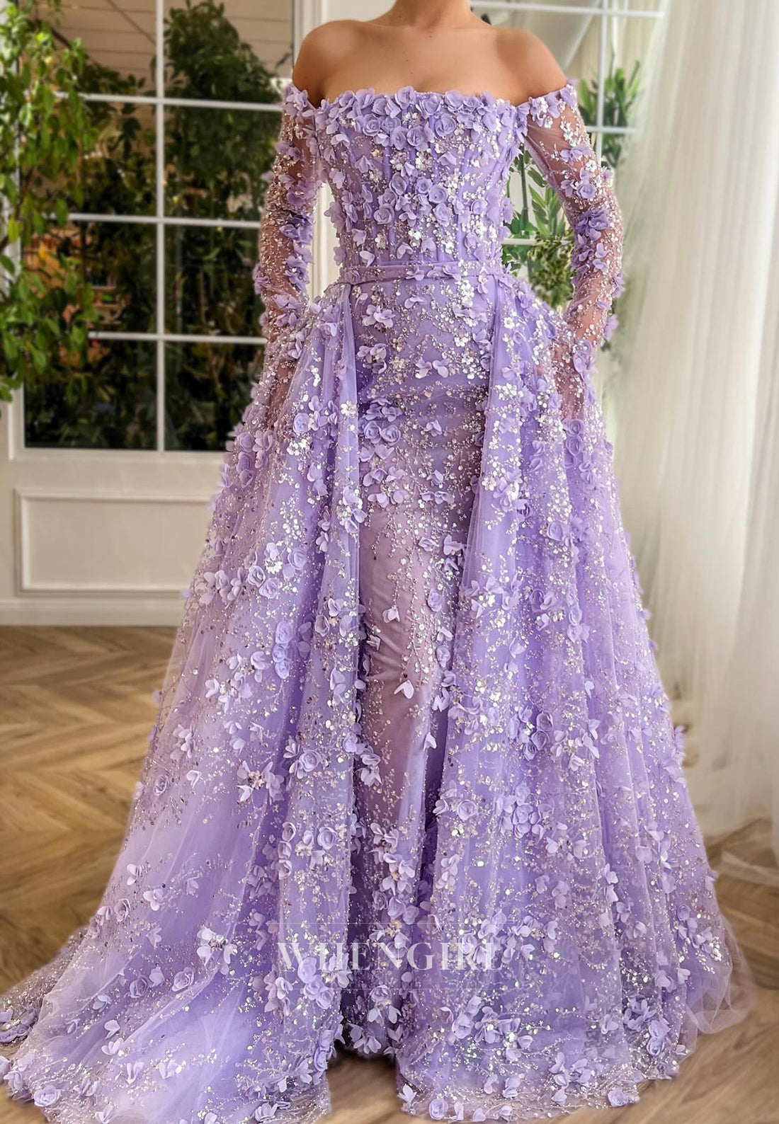 Long Sleeves Sheath Sweep Train Formal Dress Off Shoudler Floral Evening Gown