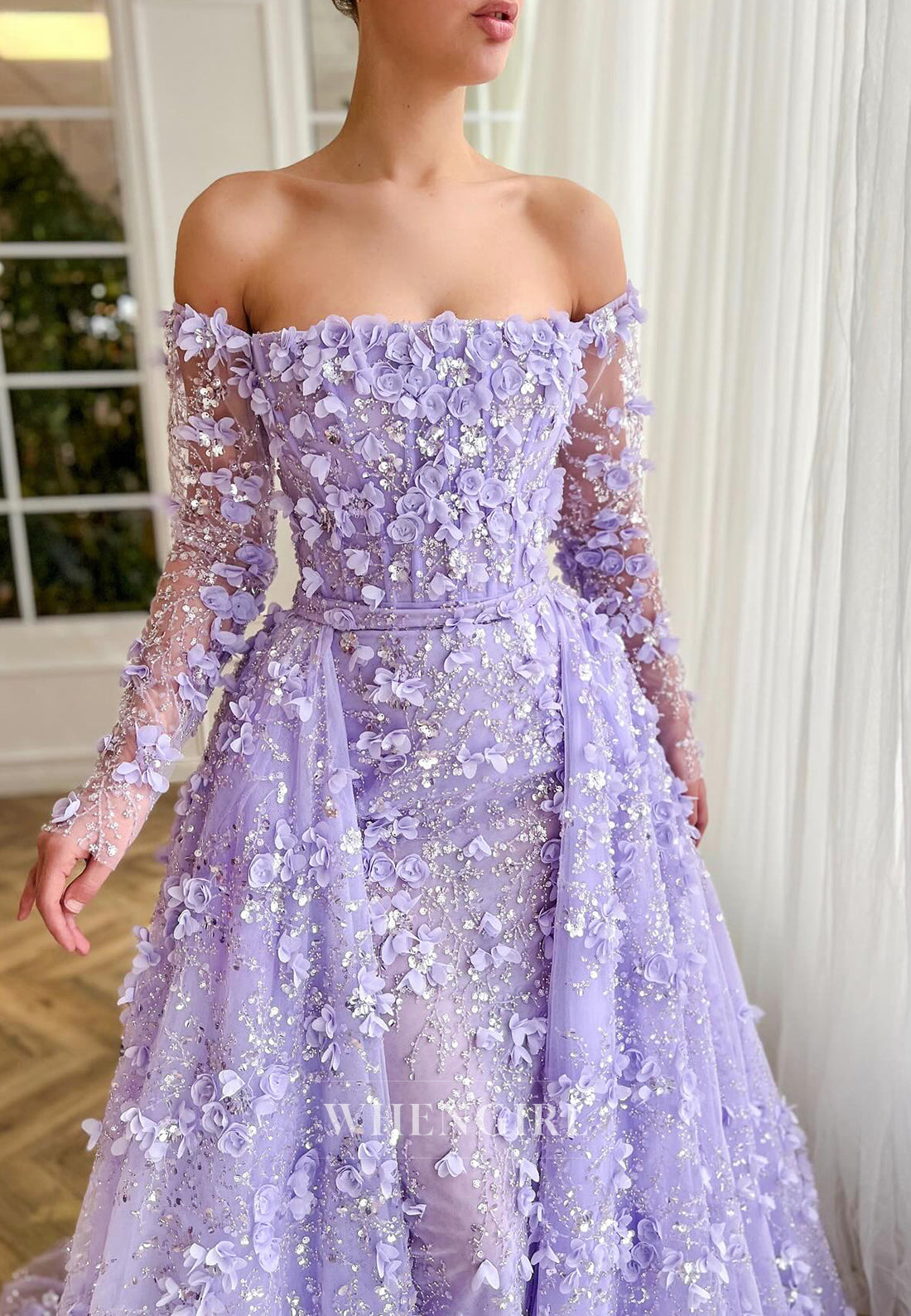Long Sleeves Sheath Sweep Train Formal Dress Off Shoudler Floral Evening Gown