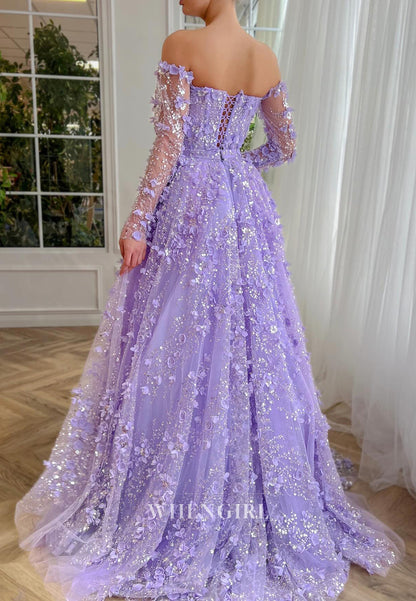 Long Sleeves Sheath Sweep Train Formal Dress Off Shoudler Floral Evening Gown