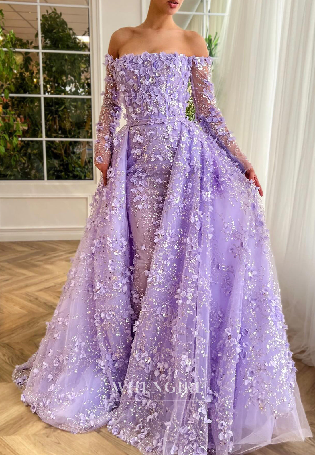 Long Sleeves Sheath Sweep Train Formal Dress Off Shoudler Floral Evening Gown