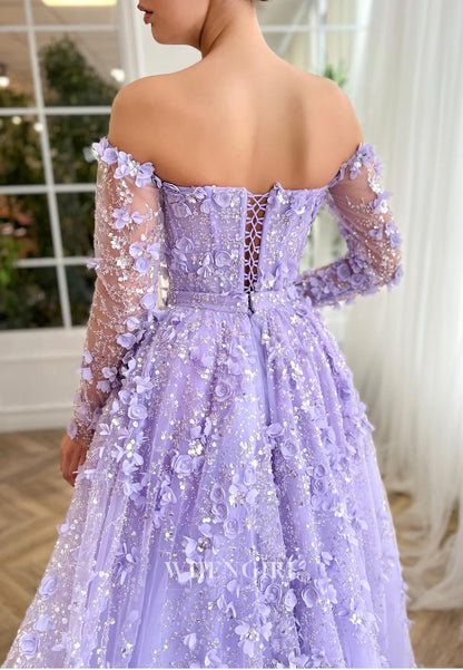 Long Sleeves Sheath Sweep Train Formal Dress Off Shoudler Floral Evening Gown