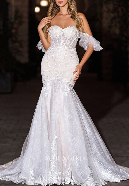 Mermaid Off Shoulder Button Sweep Train Appliqued Lace Wedding Dress