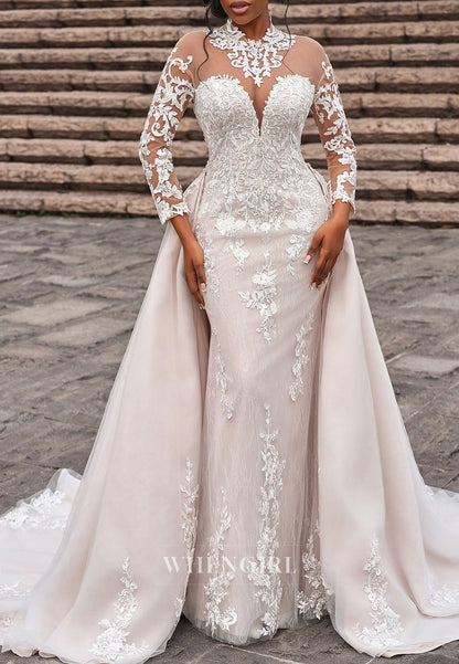 Long Sleeves High neck Sheath Lace Wedding Dress with Removable Chaple Train