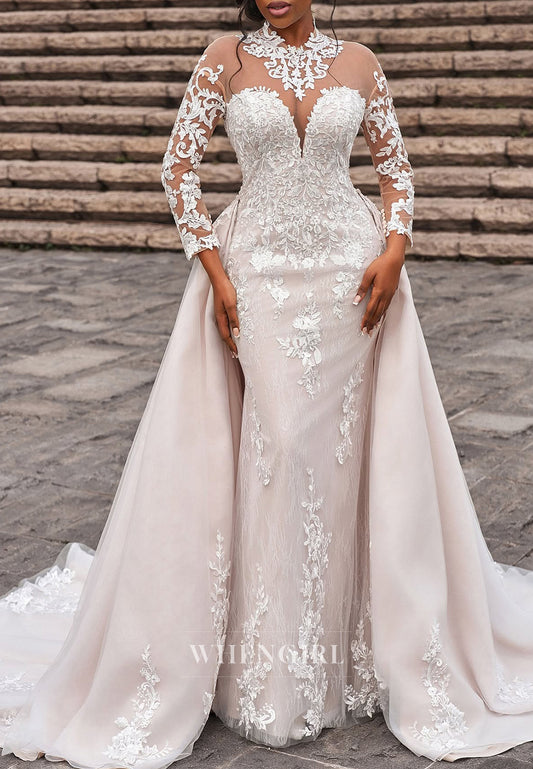 Long Sleeves High neck Sheath Lace Wedding Dress with Removable Chaple Train