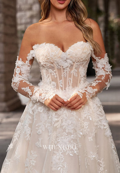 Sweetheart Long Sleeves Appliqued Lace Beaded Back Zipper A-Line Wedding Dress with Sweep Train