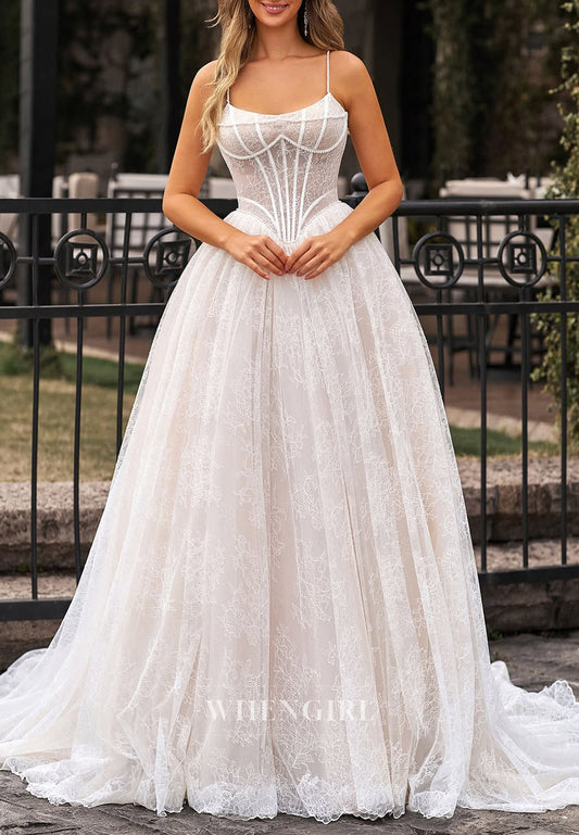 Bateau Neck Spaghetti Straps Sleeveless Corset A-Line Lace Wedding Dress with Court Train