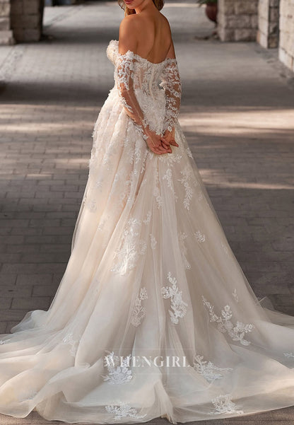 Sweetheart Long Sleeves Appliqued Lace Beaded Back Zipper A-Line Wedding Dress with Sweep Train