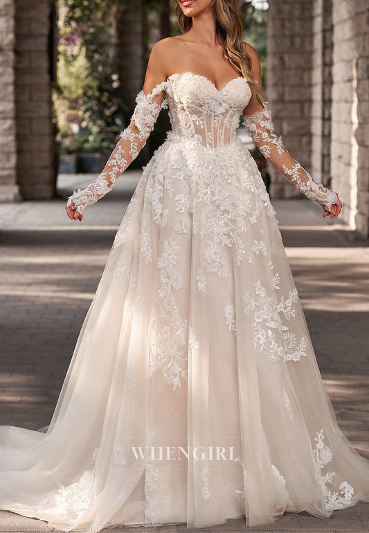 Sweetheart Long Sleeves Appliqued Lace Beaded Back Zipper A-Line Wedding Dress with Sweep Train