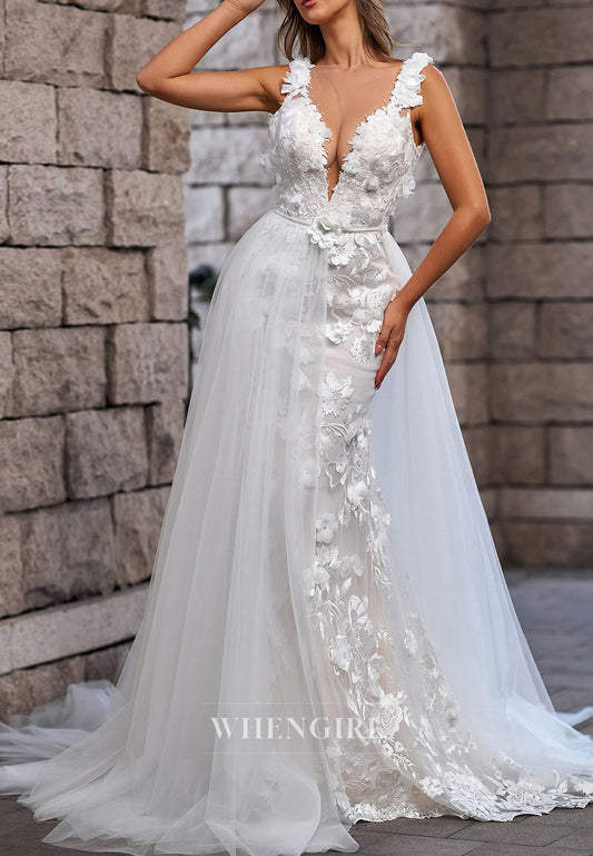 V Neck Regular Straps Sleeveless Backless Sheath Wedding Dress with Removable Train
