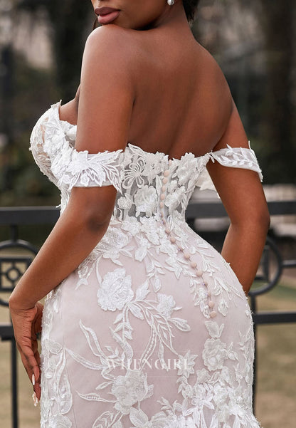 Off Shoulder Appliqued Lace Button Sweep Train Mermaid Wedding Dress