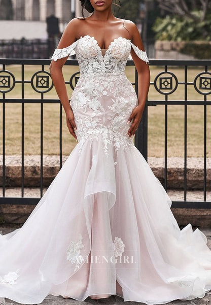 Off Shoulder Appliqued Lace Button Sweep Train Mermaid Wedding Dress