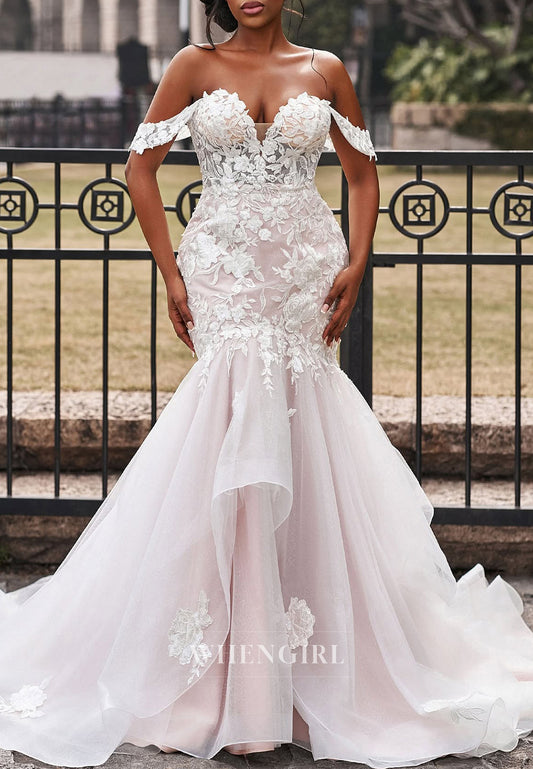 Off Shoulder Appliqued Lace Button Sweep Train Mermaid Wedding Dress