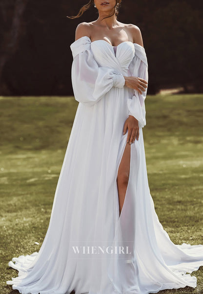 A-Line Long Sleeves Off Shoulder Side Slit Sweep Train Chiffon Beach Wedding Dress