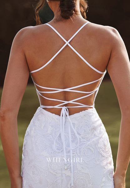 Sheath V Neck Sleeveless Spaghetti Straps Lace Up Sweep Trian Lace Beach Wedding Dress