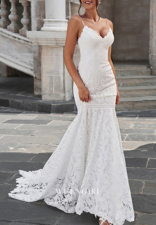 Mermaid V Neck Sleeveless Spaghetti Straps Sweep Train Boho Beach Wedding Dress