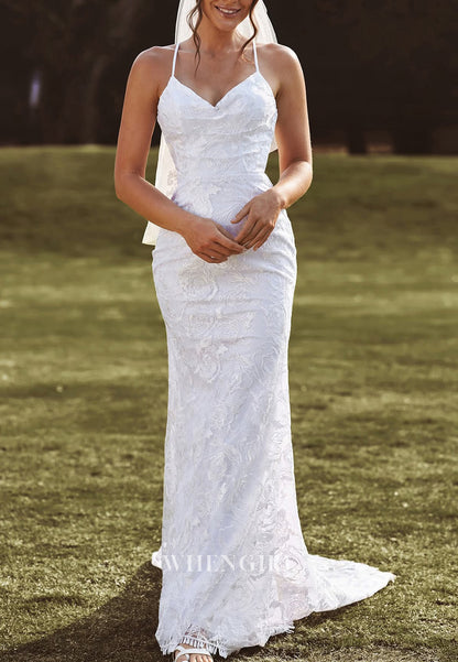 Sheath V Neck Sleeveless Spaghetti Straps Lace Up Sweep Trian Lace Beach Wedding Dress
