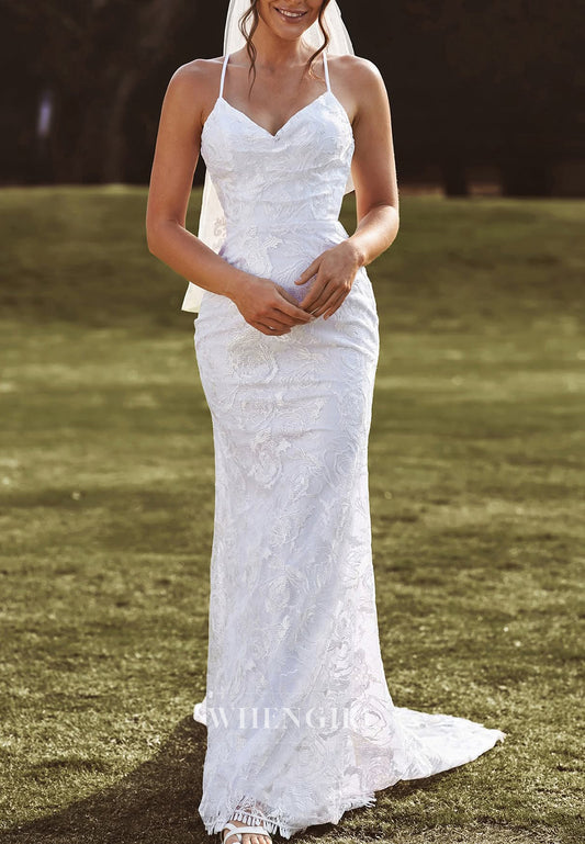 Sheath V Neck Sleeveless Spaghetti Straps Lace Up Sweep Trian Lace Beach Wedding Dress