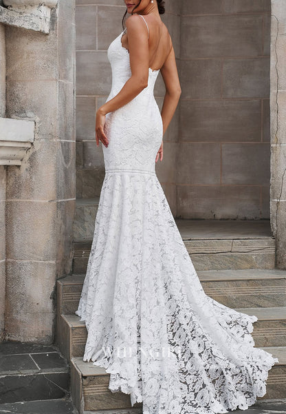 Mermaid V Neck Sleeveless Spaghetti Straps Sweep Train Boho Beach Wedding Dress