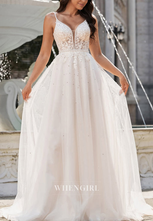 A-Line V Neck Spaghetti Straps Appliqued Beaded Sweep Train Sleeveless Wedding Dress