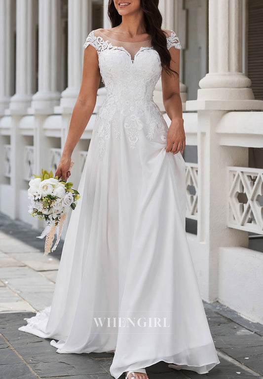 Bateau Neck Cap Sleeves Appliqued Lace A-Line Beach Wedding Dress with Train