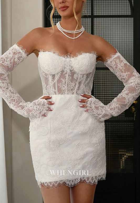 Sheath Appliqued Lace Sweetheart Strapless Back Zipper Long Sleeves Short Wedding Dress