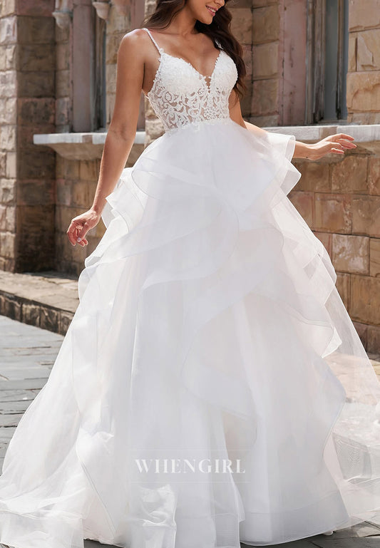 A-Line V Neck Sleeveless Beaded Straps Appliqued Lace Ruffles Hem Long Wedding Dress