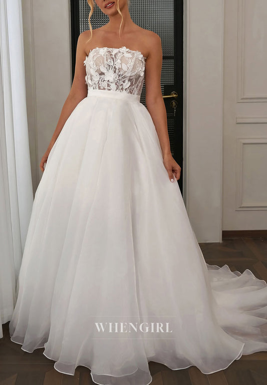 Tube Top Appliqued Removable Sleeves Lace Up A-Line Wedding Dress