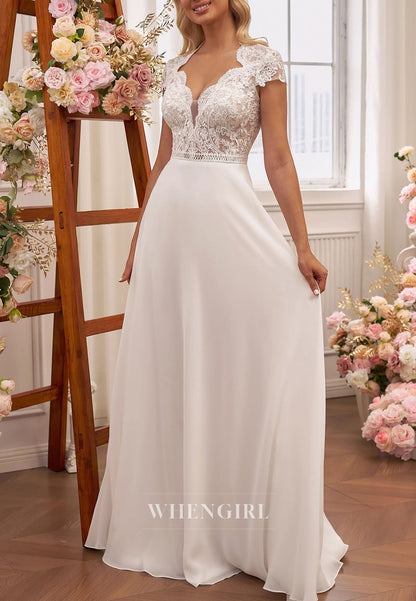 Asmmetrical Neck Cap Sleeves Sheath Chiffon Boho Beach Wedding Dress